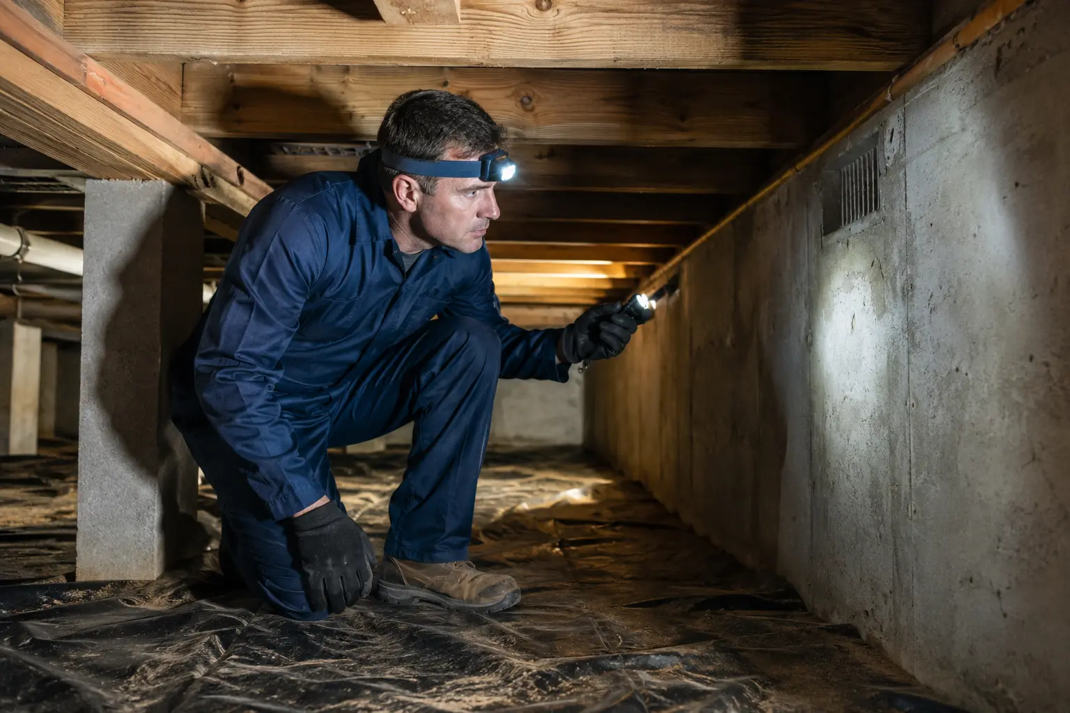 Home inspector examining a crawlspace with a flashlight